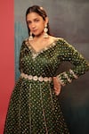 Buy_Bandhani_Green Silk Embroidery V-neck Bandhani Anarkali Set _Online_at_Aza_Fashions