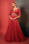 Buy_Bandhani_Red Silk, Organza Embroidery Collared Bandhani Jacket And Skirt Set _at_Aza_Fashions