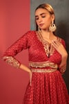 Buy_Bandhani_Red Silk, Organza Embroidery Collared Bandhani Jacket And Skirt Set _Online_at_Aza_Fashions