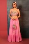 Bandhani_Pink Silk, Georgette Beads, Embroidery Kathiawadi Blouse And Leheriya Skirt Set _Online_at_Aza_Fashions