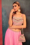 Buy_Bandhani_Pink Silk, Georgette Beads, Embroidery Kathiawadi Blouse And Leheriya Skirt Set _Online_at_Aza_Fashions