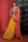 Buy_Bandhani_Yellow Silk Embroidery Gota Patti Leaf Neck Placement Skirt Set _at_Aza_Fashions
