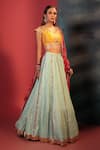 Bandhani_Blue Silk Embroidery Bandeau Neck Stripe Pattern Lehenga Set _Online_at_Aza_Fashions