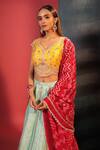 Buy_Bandhani_Blue Silk Embroidery Bandeau Neck Stripe Pattern Lehenga Set _Online_at_Aza_Fashions