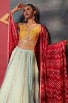Shop_Bandhani_Blue Silk Embroidery Bandeau Neck Stripe Pattern Lehenga Set _Online_at_Aza_Fashions