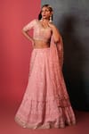 Buy_Bandhani_Peach Silk Gota Patti, Embroidery V-neck Paisley Bridal Lehenga Set _at_Aza_Fashions