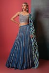 Bandhani_Blue Silk Gota Patti, Mirrors Split V-neck Embroidered Skirt Set _Online_at_Aza_Fashions