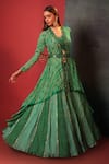 Buy_Bandhani_Green Pure Georgette Woven Bandhani Jacket Open Skirt Set  _at_Aza_Fashions