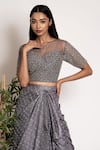 Buy_Bandhani_Grey Silk Embroidered Bandhani Sheer Sequin Bustier With Draped Skirt _Online_at_Aza_Fashions