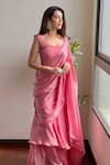 Shop_LABEL AISHWARYRIKA_Pink Satin Embroidery Chikankari Square Neck Elsa Lehenga Saree With Blouse _at_Aza_Fashions