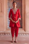 Buy_Seema Nanda_Red Chanderi Silk Embroidery Floral V Neck Amal Kurta Tulip Pant Set  _at_Aza_Fashions