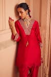 Seema Nanda_Red Chanderi Silk Embroidery Floral V Neck Amal Kurta Tulip Pant Set  _Online_at_Aza_Fashions