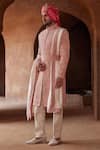 Buy_Nitika Gujral_Peach Sherwani Matka Silk Embroidery Resham Trouser Set  _at_Aza_Fashions