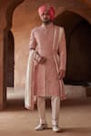 Nitika Gujral_Peach Sherwani Matka Silk Embroidery Resham Trouser Set  _Online_at_Aza_Fashions