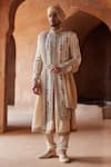 Buy_Nitika Gujral_Ivory Matka Silk Embroidered Zardozi Sherwani And Kurta Set  _at_Aza_Fashions