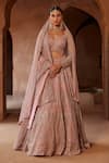 Buy_Nitika Gujral_Pink Net Embroidery Dori Leaf Neck Bridal Lehenga Set _at_Aza_Fashions