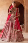 Buy_Nitika Gujral_Red Raw Silk Embroidery Kasab Plunge V Neck Dabka Bridal Lehenga Set _at_Aza_Fashions