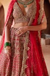 Shop_Nitika Gujral_Red Raw Silk Embroidery Kasab Plunge V Neck Dabka Bridal Lehenga Set _Online_at_Aza_Fashions