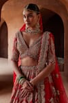 Shop_Nitika Gujral_Red Raw Silk Embroidery Dabka Plunge V Neck Crystal Bridal Lehenga Set _Online_at_Aza_Fashions