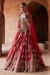 Nitika Gujral_Red Raw Silk Embroidery Dabka Notched Zari Bridal Lehenga Set _Online_at_Aza_Fashions