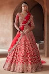 Buy_Nitika Gujral_Red Raw Silk Embroidery Zari Plunge V Neck Resham Bridal Lehenga Set _at_Aza_Fashions