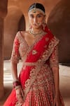 Buy_Nitika Gujral_Red Raw Silk Embroidery Zari Plunge V Neck Resham Bridal Lehenga Set _Online_at_Aza_Fashions