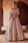 Buy_Nitika Gujral_Pink Raw Silk Embellished Applique Leaf Neck Floral Bridal Lehenga Set _at_Aza_Fashions