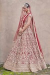 Buy_Nitika Gujral_Maroon Velvet Embroidered Zardozi Leaf Neck Bridal Lehenga Set _Online_at_Aza_Fashions