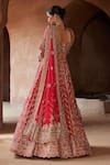 Shop_Nitika Gujral_Red Raw Silk Embroidered Zari Deep Leaf Neck Vintage Bridal Lehenga Set _at_Aza_Fashions