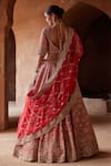 Shop_Nitika Gujral_Red Raw Silk Embroidered Resham Leaf Neck Dabka Ombre Bridal Lehenga Set _at_Aza_Fashions