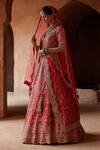 Buy_Nitika Gujral_Red Raw Silk Embroidered Resham Leaf Neck Dabka Ombre Bridal Lehenga Set _Online_at_Aza_Fashions