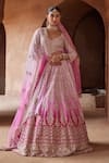 Buy_Nitika Gujral_Pink Raw Silk Embroidered Kasab Broad Leaf Neck Ombre Dabka Bridal Lehenga Set _at_Aza_Fashions