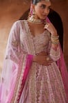 Buy_Nitika Gujral_Pink Raw Silk Embroidered Kasab Broad Leaf Neck Ombre Dabka Bridal Lehenga Set _Online_at_Aza_Fashions