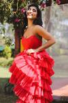 SAANJH BY LEA_Red Satin, Tulle Sweetheart Neck Isabelle High-low Ruffle Corset Gown_at_Aza_Fashions