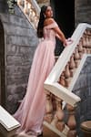 Shop_SAANJH BY LEA_Pink Tulle, Polyester Sequins Off-shoulder Portia Embroidered Corset Gown_at_Aza_Fashions