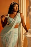 Shop_SAANJH BY LEA_Blue Satin Embroidered Sequin Sweetheart Sara Lehenga Saree Set_Online_at_Aza_Fashions