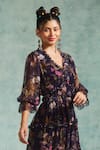 Radhika & Raghav_Purple Chiffon Embroidered Pearl V Neck Ruffle Tiered Printed Dress  _Online_at_Aza_Fashions