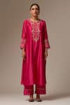 Anantaa by Roohi_Fuchsia Silk Chanderi Embroidered Floral Round Kurta Pant Set _Online_at_Aza_Fashions