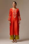 Anantaa by Roohi_Orange Silk Chanderi Embroidered Floral Round Kurta Pant Set _Online_at_Aza_Fashions