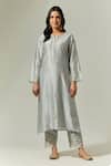 Shop_Anantaa By Roohi_Grey Silk, Chanderi Embroidery Round Neck Kurta Set With Scallop Dupatta _Online_at_Aza_Fashions