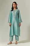 Buy_Anantaa By Roohi_Blue Silk, Chanderi Embroidery Split V-neck Kurta Pant Set _Online_at_Aza_Fashions