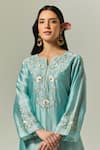Anantaa By Roohi_Blue Silk, Chanderi Embroidery Split V-neck Kurta Pant Set _at_Aza_Fashions