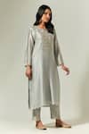 Shop_Anantaa By Roohi_Gray Silk, Chanderi Embroidery Split V-neck Floral Kurta Set _Online_at_Aza_Fashions