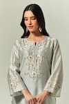 Anantaa By Roohi_Gray Silk, Chanderi Embroidery Split V-neck Floral Kurta Set _at_Aza_Fashions