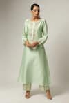 Anantaa By Roohi_Green Silk, Chanderi Embroidery Split V-neck Kurta Pant Set _Online_at_Aza_Fashions
