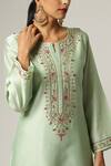 Buy_Anantaa By Roohi_Green Silk, Chanderi Embroidery Split V-neck Kurta Pant Set _Online_at_Aza_Fashions