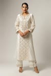 Anantaa By Roohi_Off White Silk, Chanderi Embroidery Split V-neck Notched Kurta Set _Online_at_Aza_Fashions