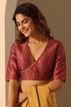 Buy_Weaver Story_Pink Brocade Hand Embroidered Floral V Neck Blouse _at_Aza_Fashions