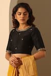 Buy_Weaver Story_Black Raw Silk Hand Embroidered Zari Round Neck Blouse _at_Aza_Fashions