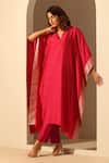 Buy_Weaver Story_Pink Chanderi Silk, Handloom Cotton Sequins V-neck Kaftan And Pant Set _at_Aza_Fashions